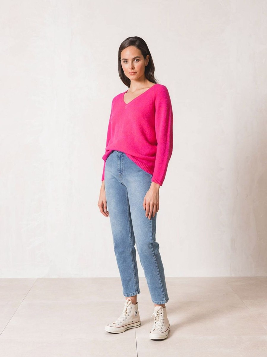 Clothing INDI&COLD | Fluor V-Neckline Jumper - Fuschia