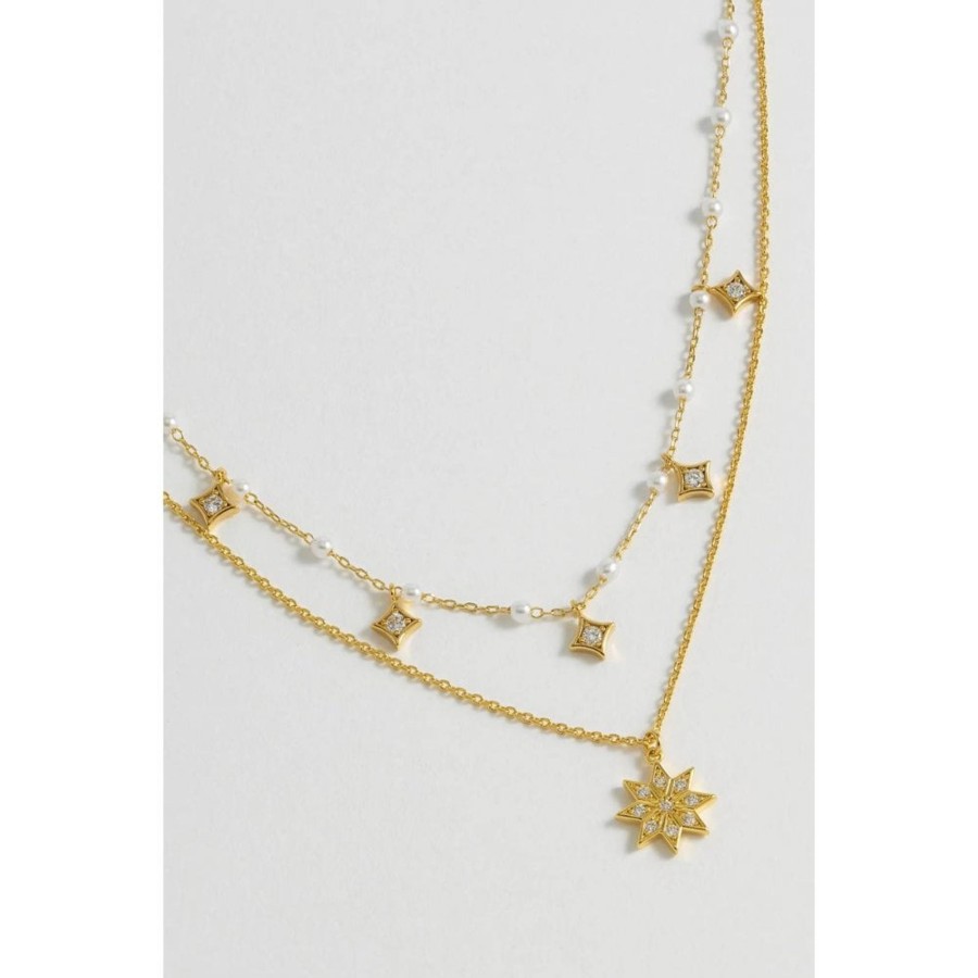 Accessories Estella Bartlett Necklaces | Pearl And Double Star Necklace - Gold Plated