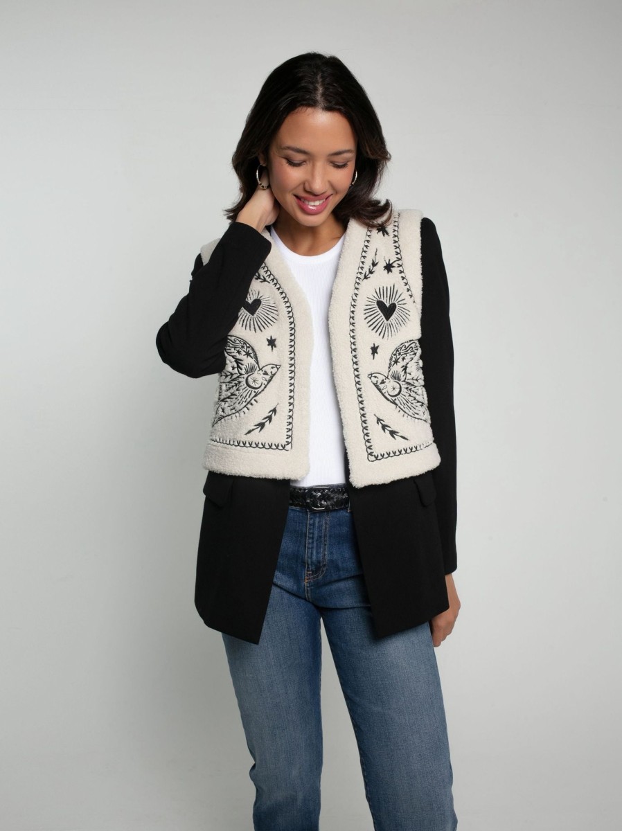 Clothing NOOKI DESIGN | Free Bird Embroidered Faux Shearling Gilet-Cream