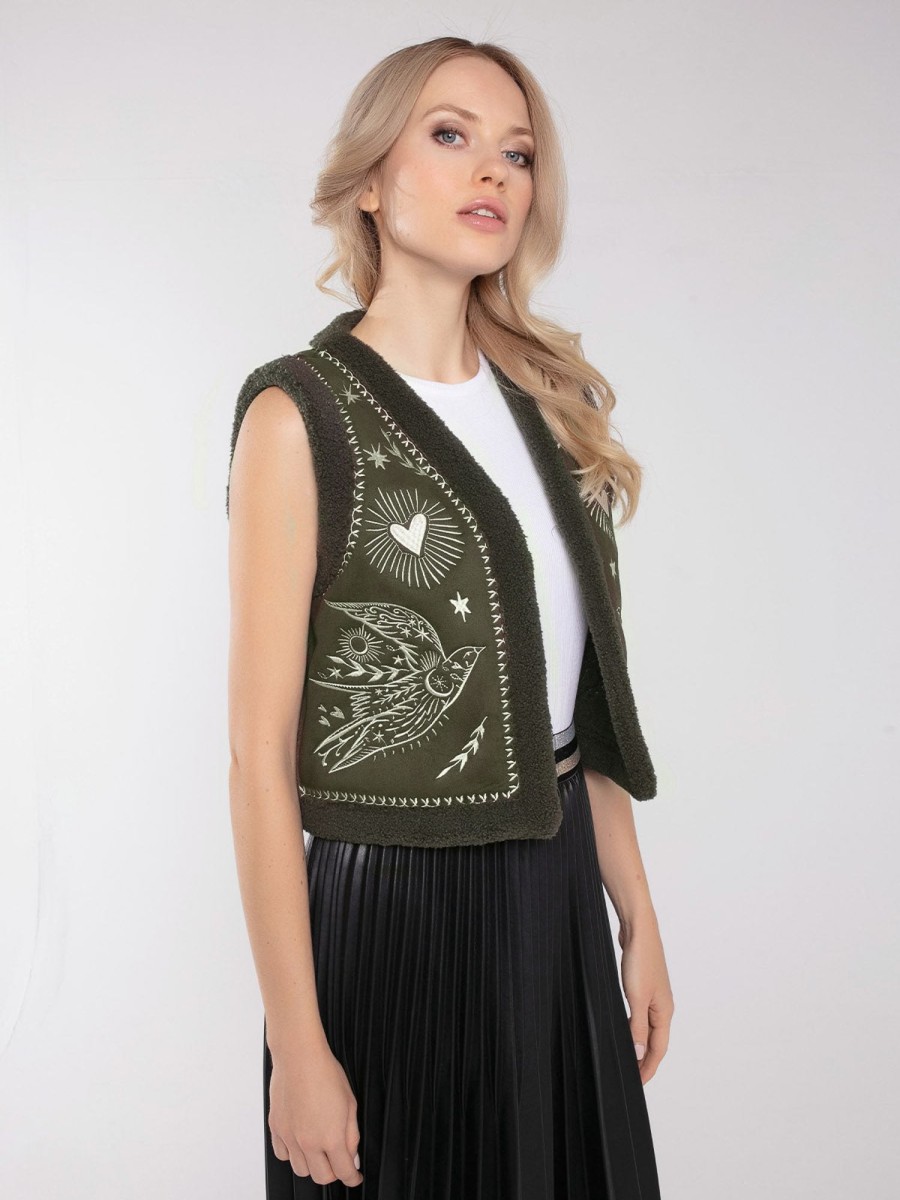 Clothing NOOKI DESIGN | Free Bird Embroidered Faux Shearling Gilet-Khaki