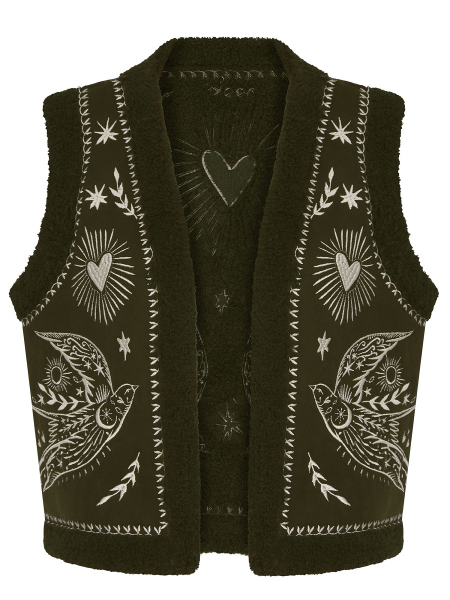 Clothing NOOKI DESIGN | Free Bird Embroidered Faux Shearling Gilet-Khaki