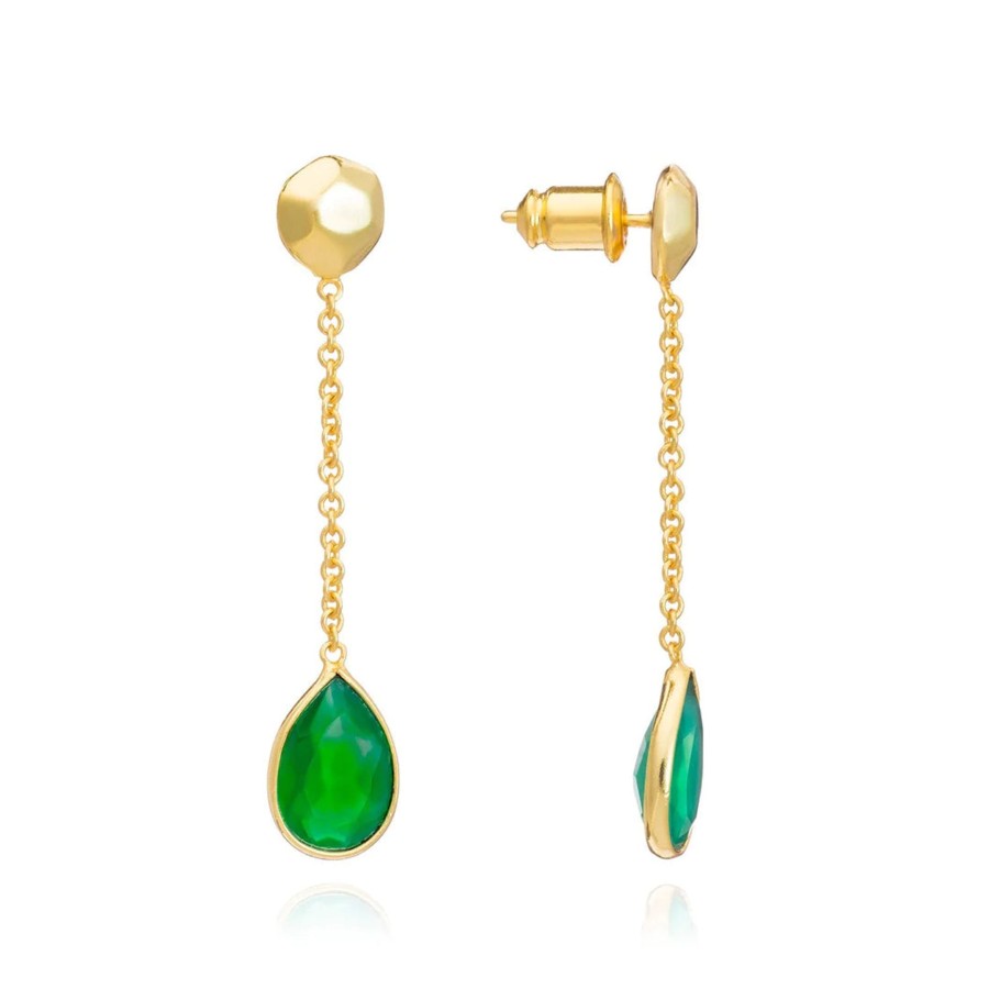 Accessories AZUNI Earrings | Azuni Gold Nugget Studs With Gemstone Drops-Green Onyx